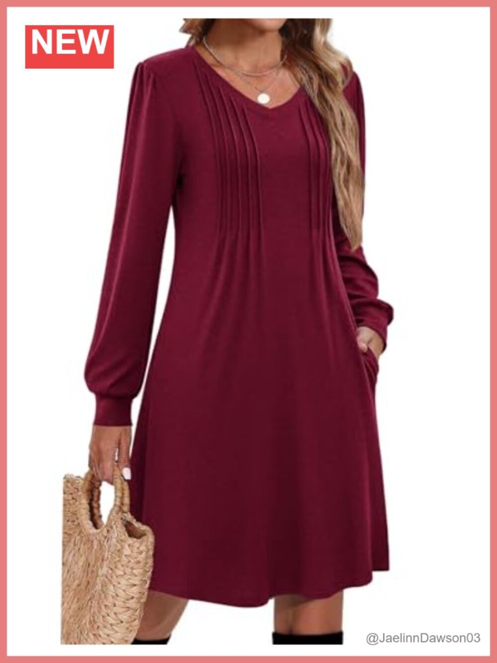 Zeagoo Women Long Sleeve Pleated V Neck A Line Tunic Dress Casual Knee Length